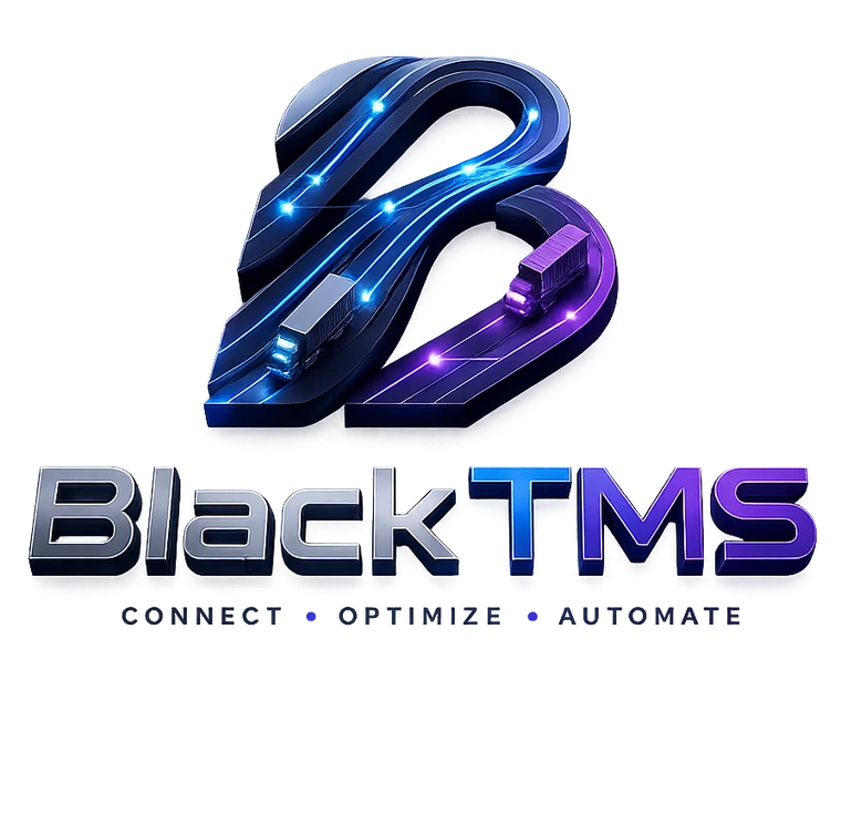 BlackTMS 3D logo — glowing highway ribbons forming a B, with freight trucks and telemetry lights
